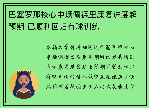 巴塞罗那核心中场佩德里康复进度超预期 已顺利回归有球训练