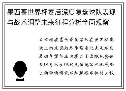 墨西哥世界杯赛后深度复盘球队表现与战术调整未来征程分析全面观察 墨西哥世界杯赛后深度复盘球队表现与战术调整未来征程分析全面观察